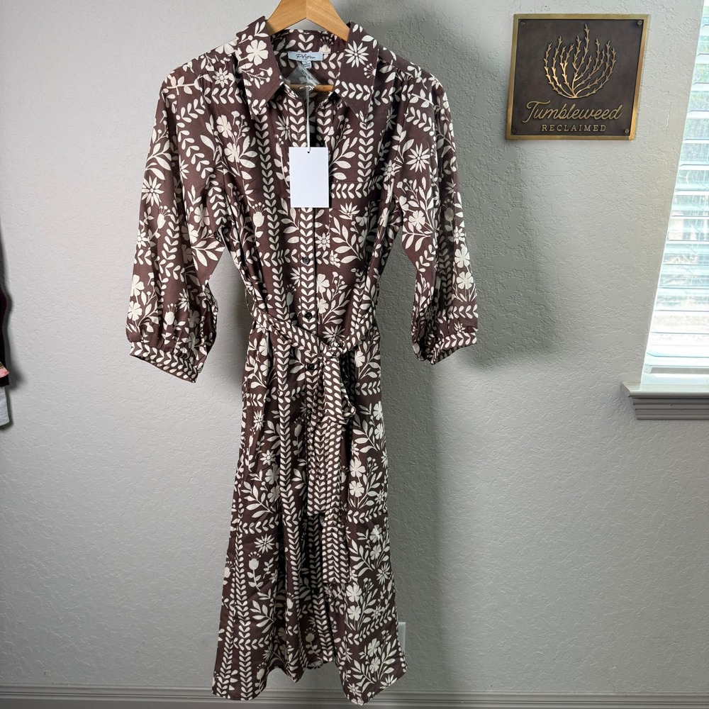 Polagram Brown Floral Midi Shirtdress Button Front Belted Size Small PSD5293